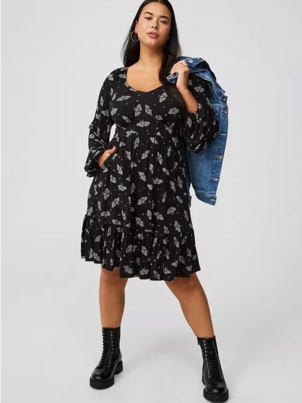 Torrid Supersoft Black butterfly Moth Print Tiered Swing Dress Jersey 0 XL